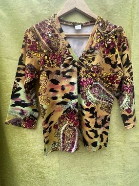 Elizabeth New York Top Beaded Sequin Knit-Like Stretch 3/4 Sleeve Eclectic Artsy